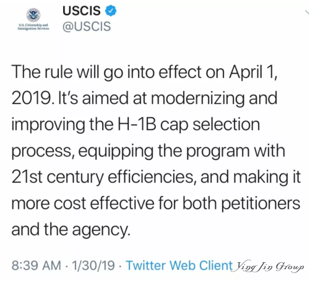 2019年4月1日美国实行新的H1B抽签顺序
